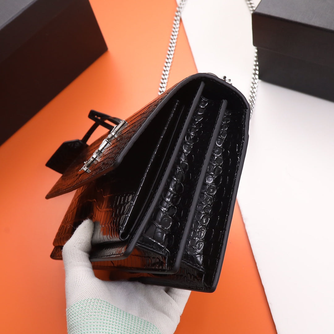 Saint Laurent Small Sunset Shoulder Bag in Crocodile-Embossed Leather
