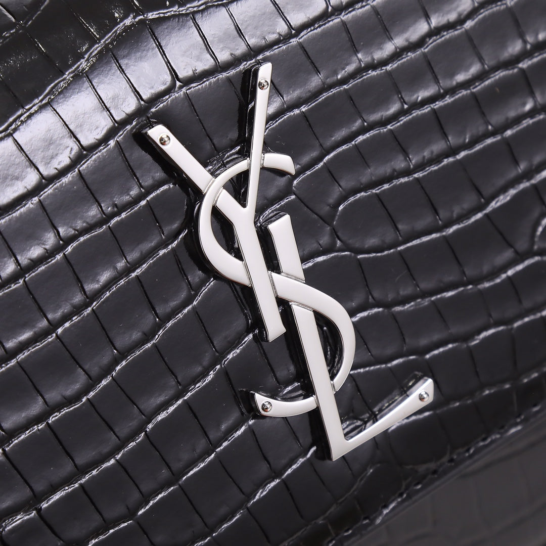 Saint Laurent Small Sunset Shoulder Bag in Crocodile-Embossed Leather