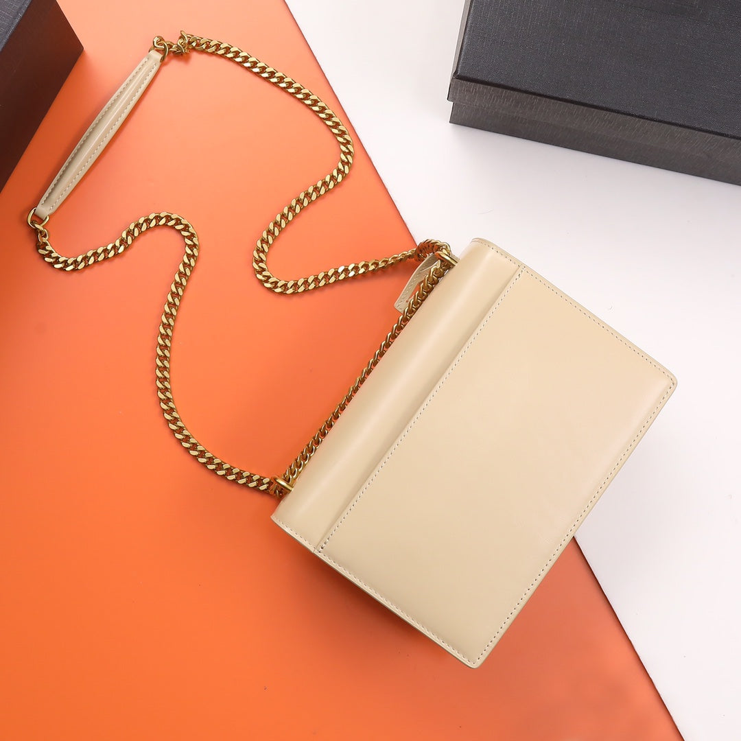 Saint Laurent Sunset Medium Chain Bag in Beige Leather with Gold Hardware