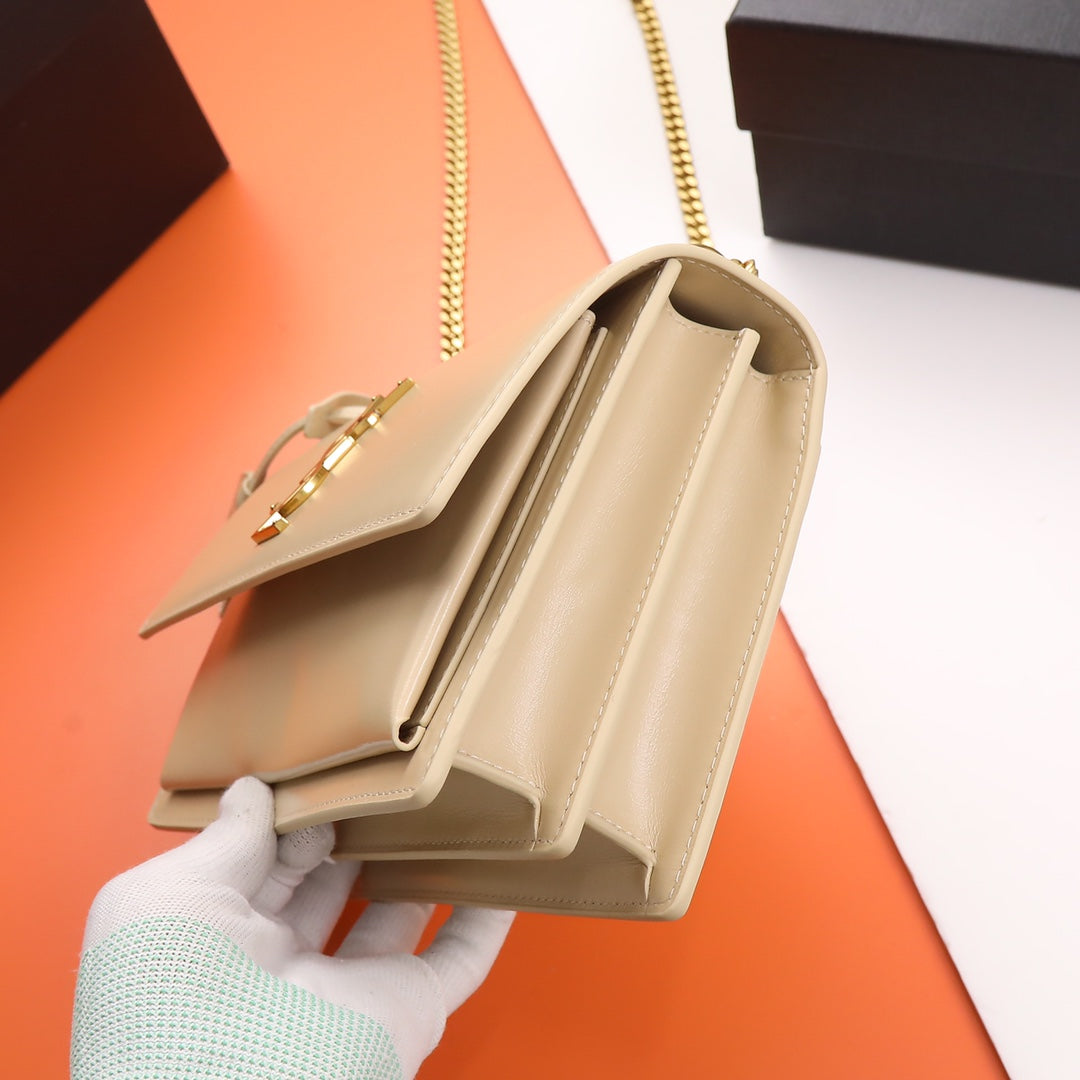 Saint Laurent Sunset Medium Chain Bag in Beige Leather with Gold Hardware