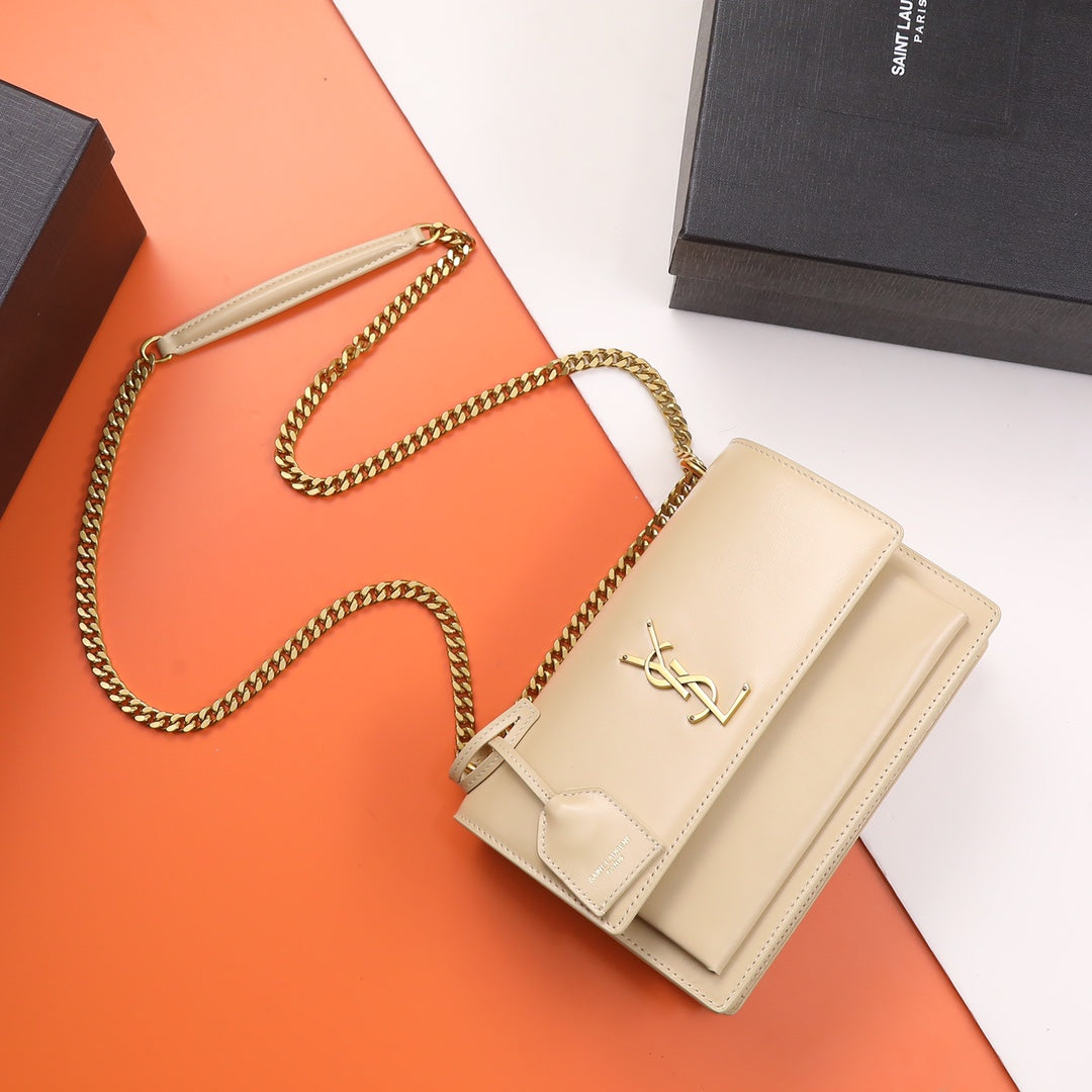Saint Laurent Sunset Medium Chain Bag in Beige Leather with Gold Hardware