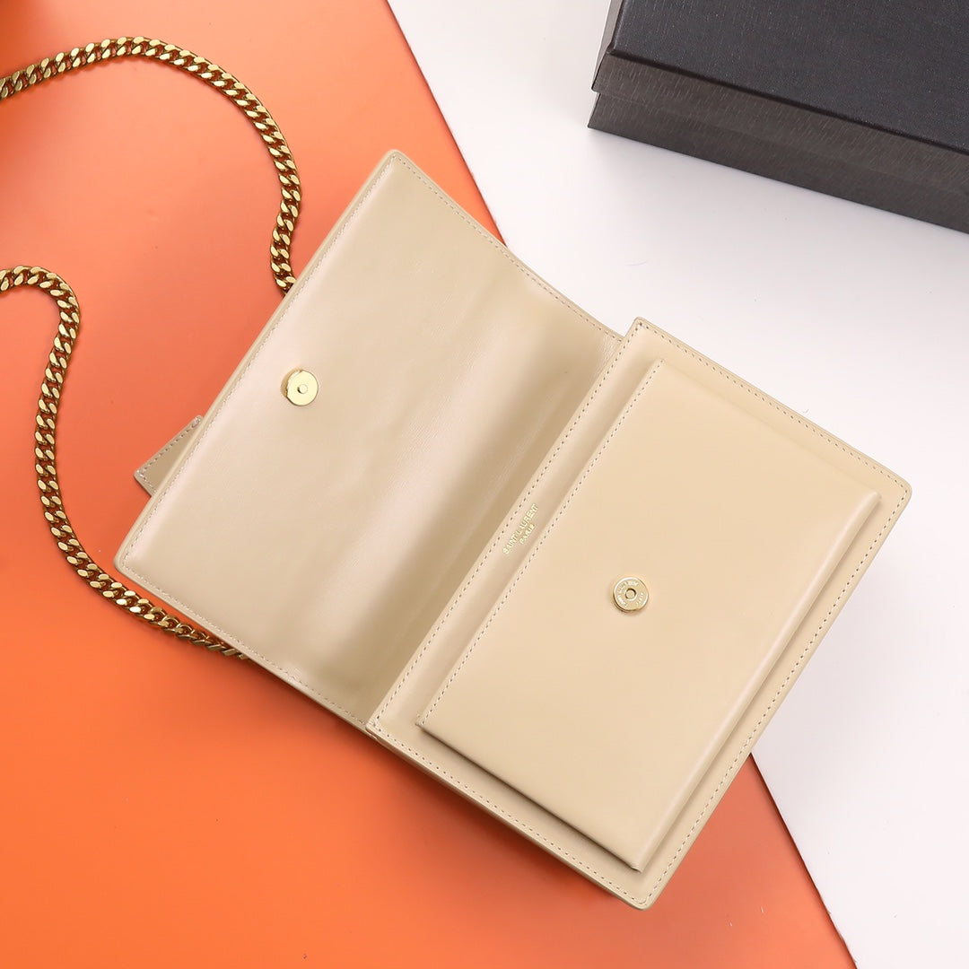 Saint Laurent Sunset Medium Chain Bag in Beige Leather with Gold Hardware