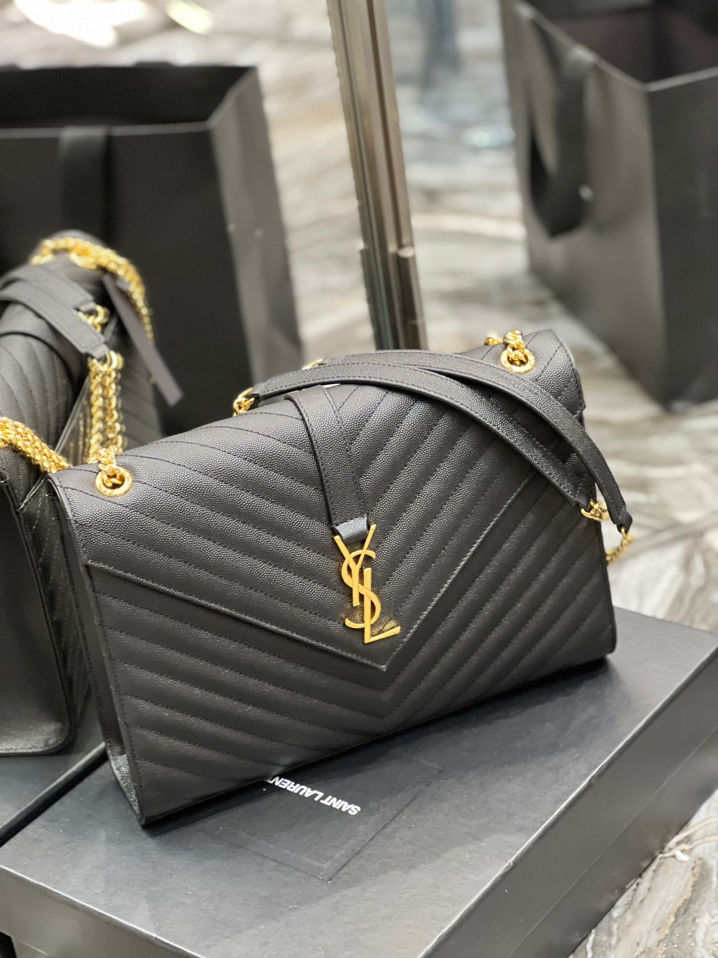 Saint Laurent Monogram Medium Envelope Bag in Black Quilted Leather with Gold Hardware