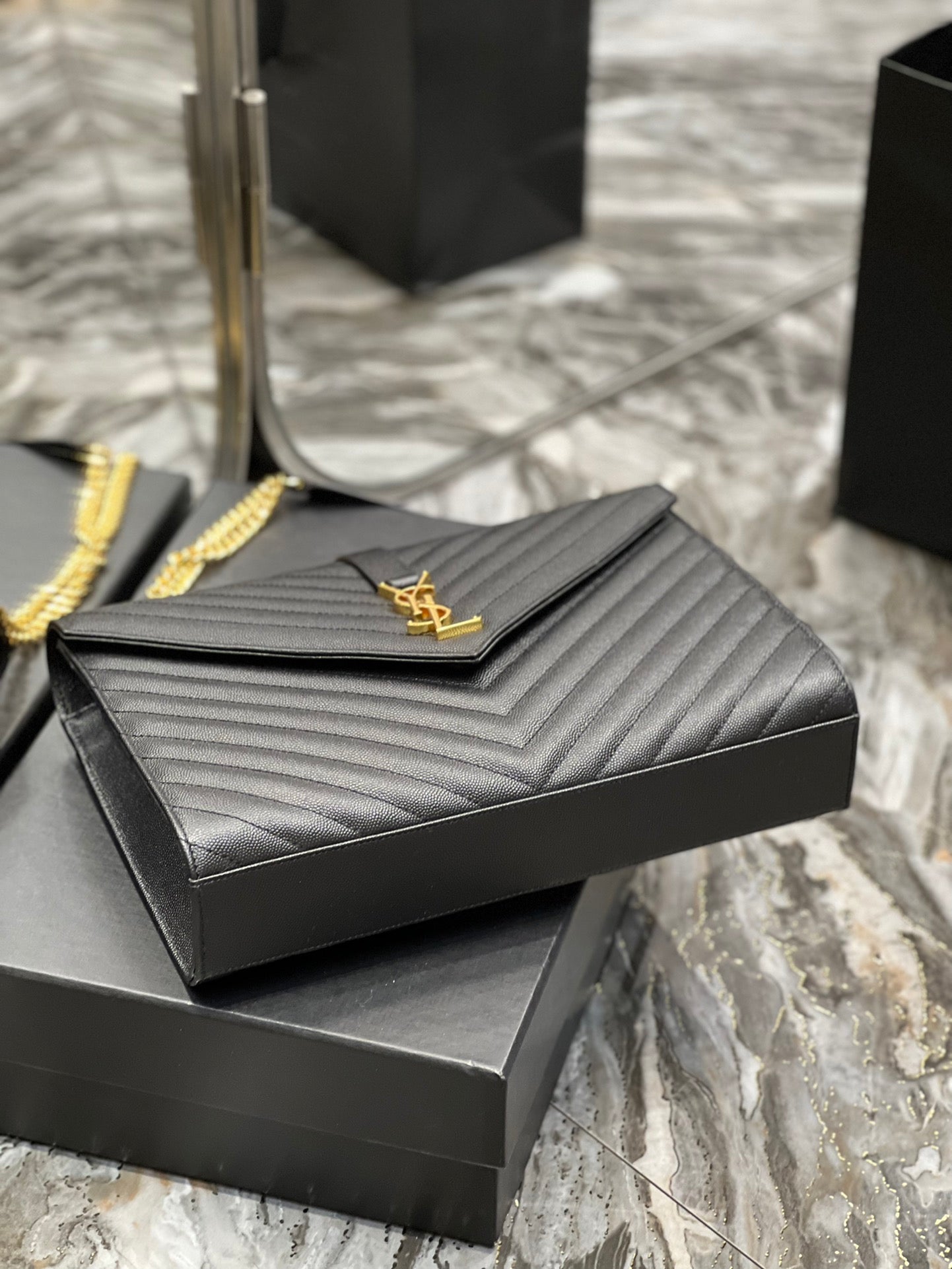 Saint Laurent Monogram Medium Envelope Bag in Black Quilted Leather with Gold Hardware