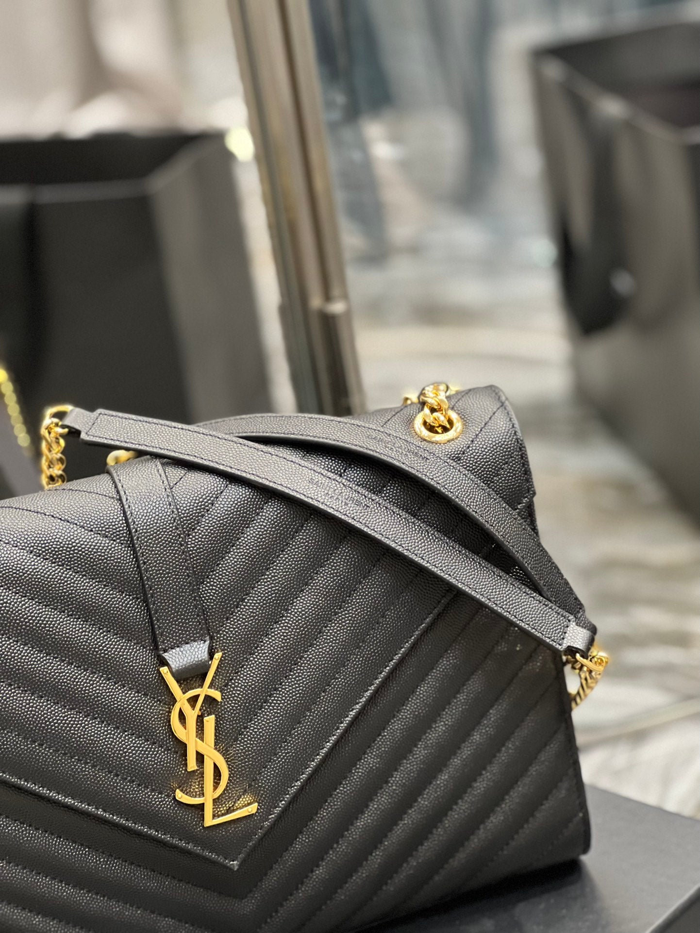 Saint Laurent Monogram Medium Envelope Bag in Black Quilted Leather with Gold Hardware