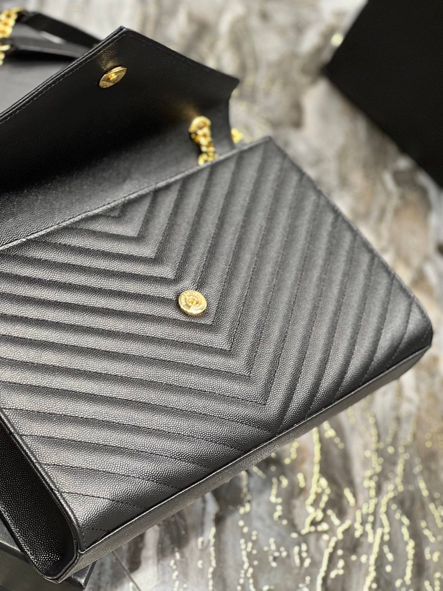 Saint Laurent Monogram Medium Envelope Bag in Black Quilted Leather with Gold Hardware