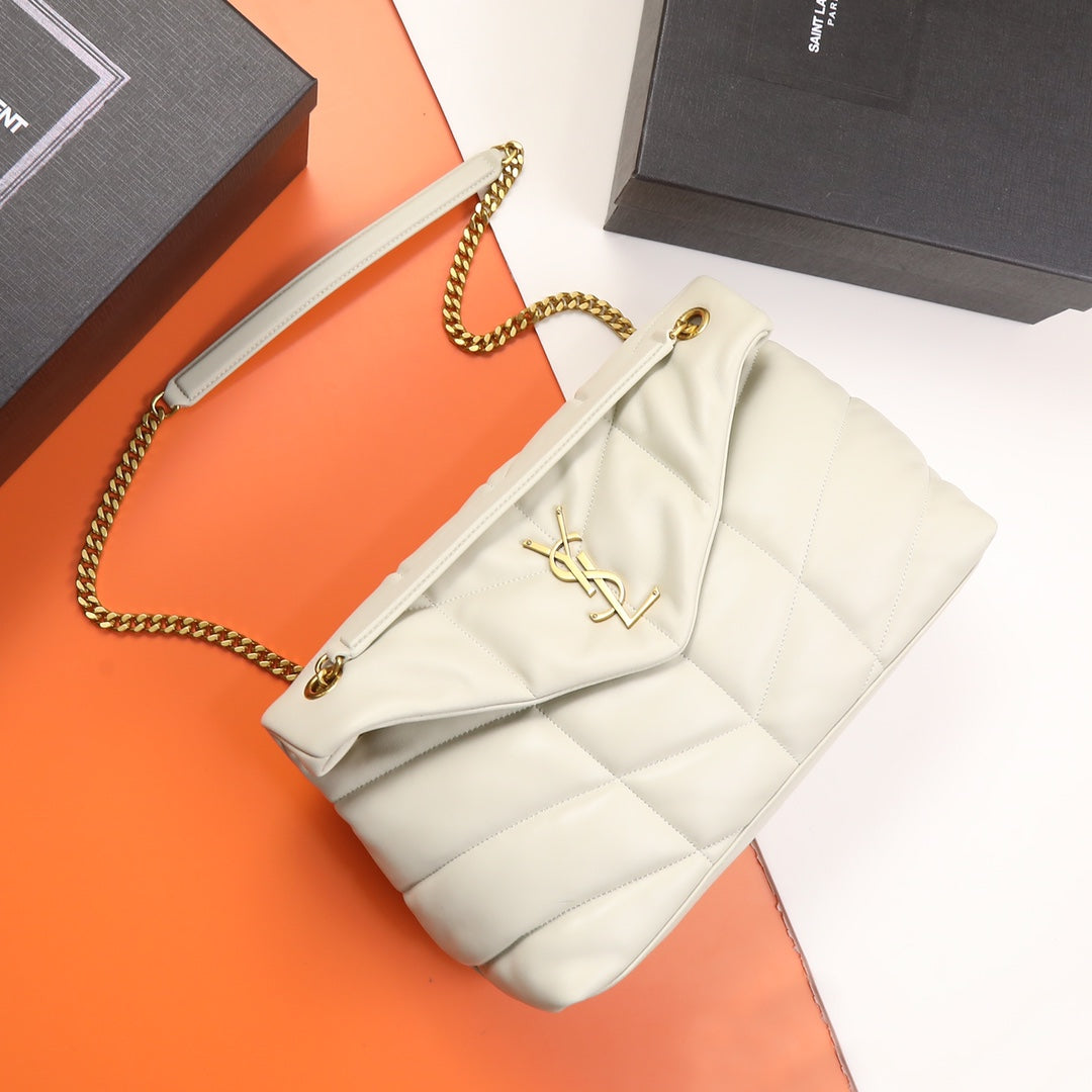 Saint Laurent Small Loulou Puffer Bag in Quilted Lambskin - White