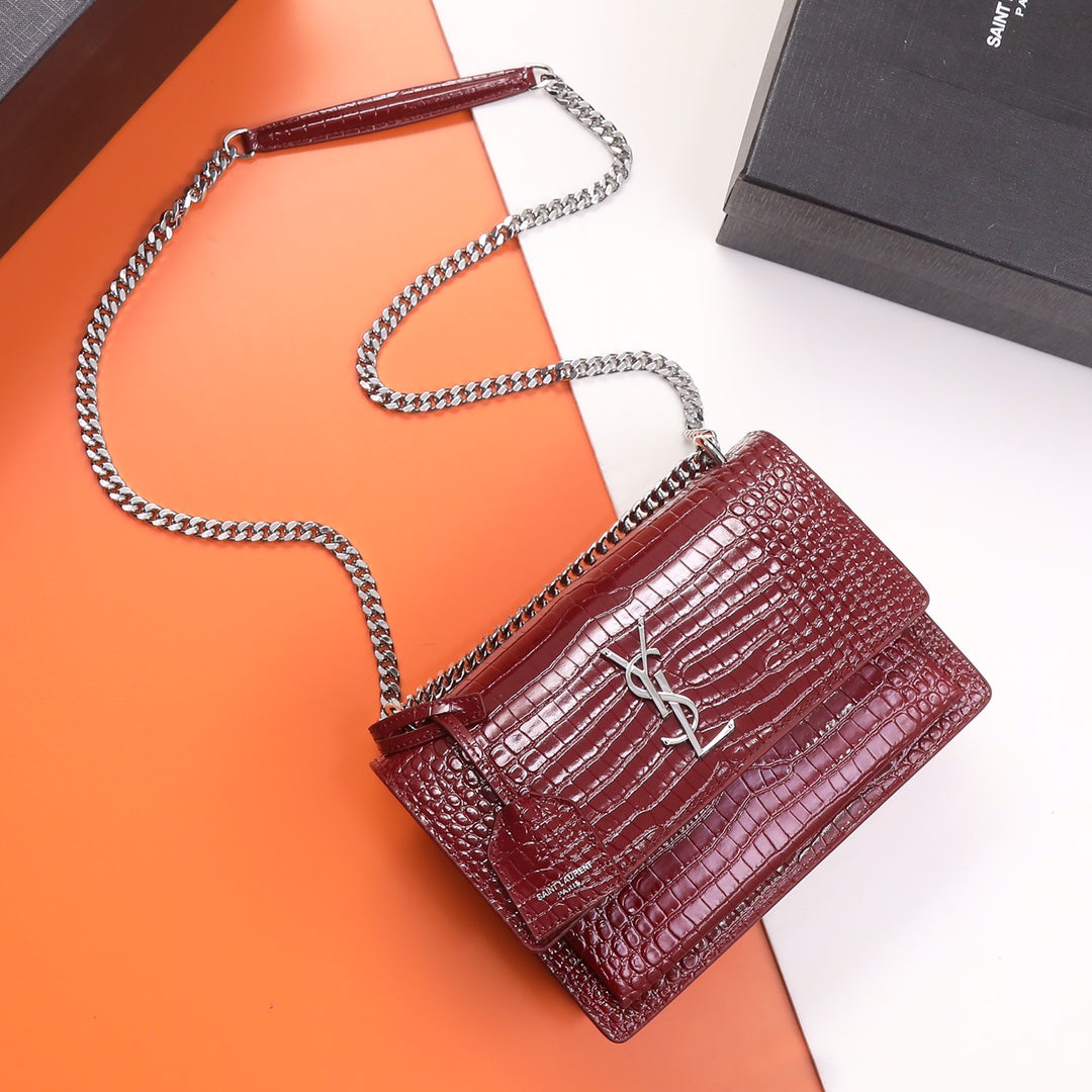 Saint Laurent Sunset Small Shoulder Bag in Burgundy Croc-Embossed Leather
