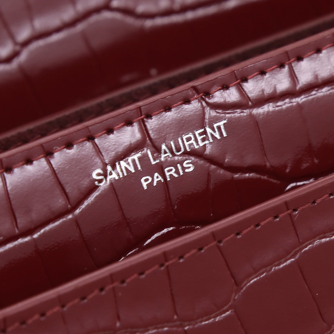 Saint Laurent Sunset Small Shoulder Bag in Burgundy Croc-Embossed Leather