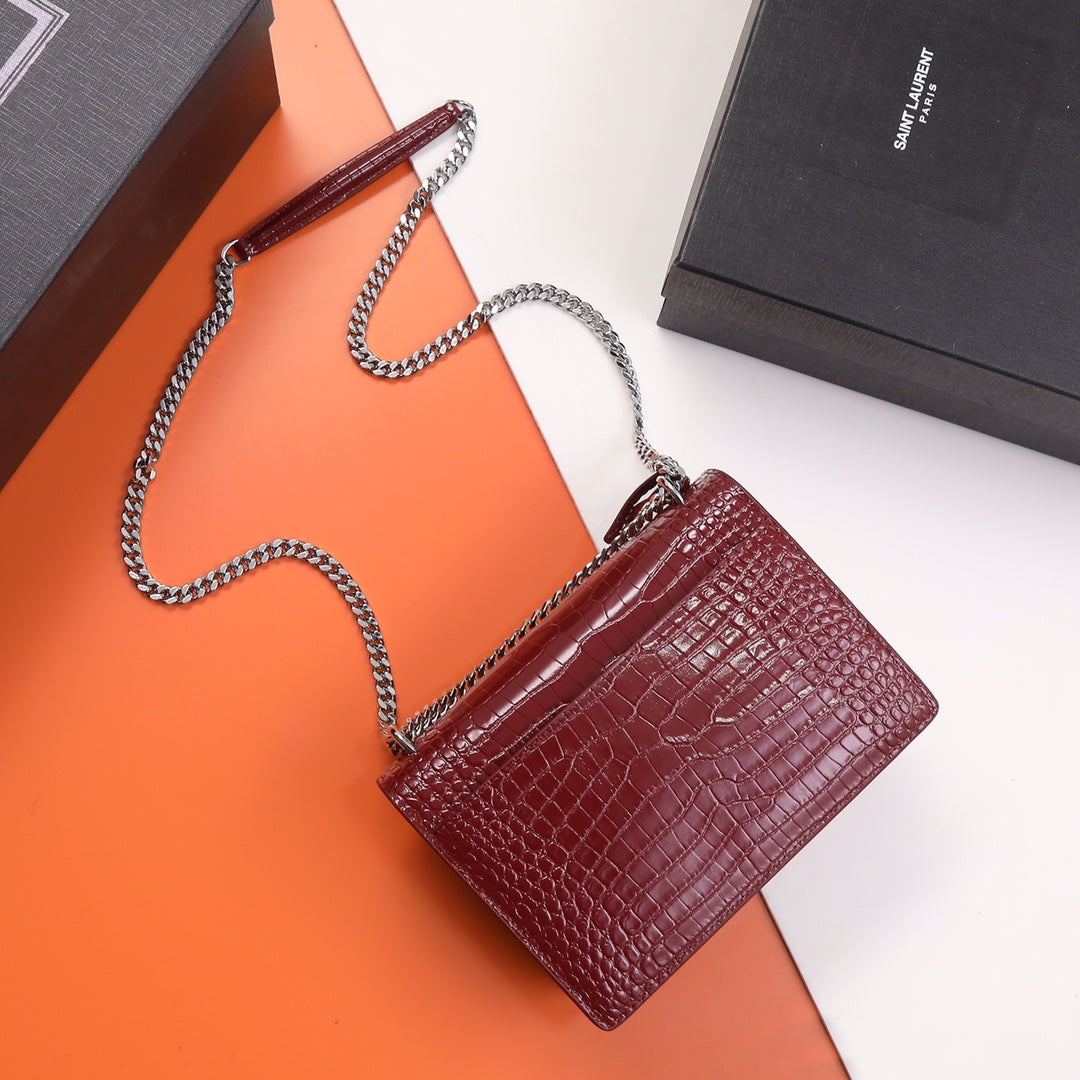Saint Laurent Sunset Small Shoulder Bag in Burgundy Croc-Embossed Leather