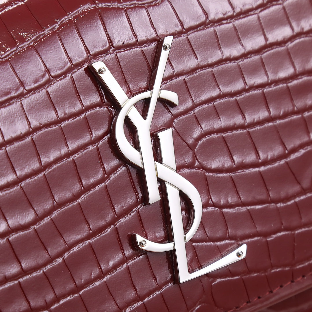 Saint Laurent Sunset Small Shoulder Bag in Burgundy Croc-Embossed Leather
