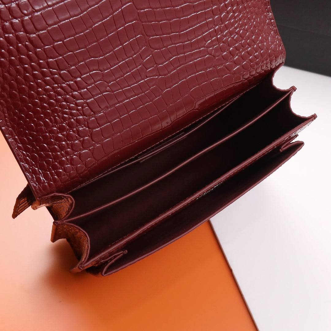Saint Laurent Sunset Small Shoulder Bag in Burgundy Croc-Embossed Leather