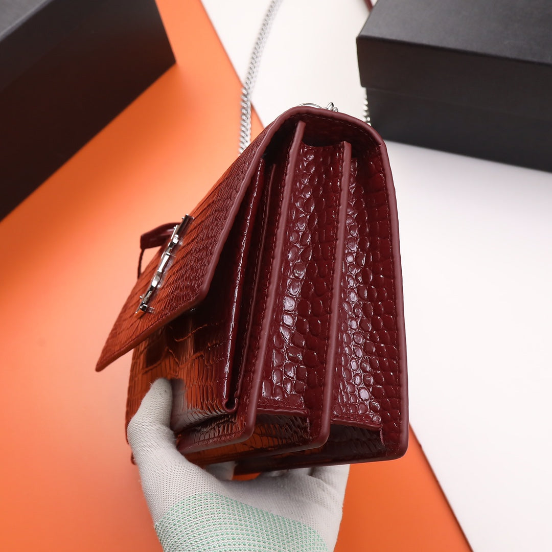 Saint Laurent Sunset Small Shoulder Bag in Burgundy Croc-Embossed Leather