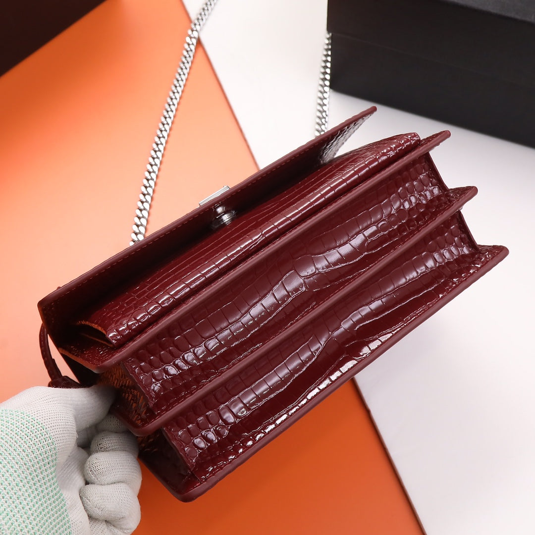 Saint Laurent Sunset Small Shoulder Bag in Burgundy Croc-Embossed Leather