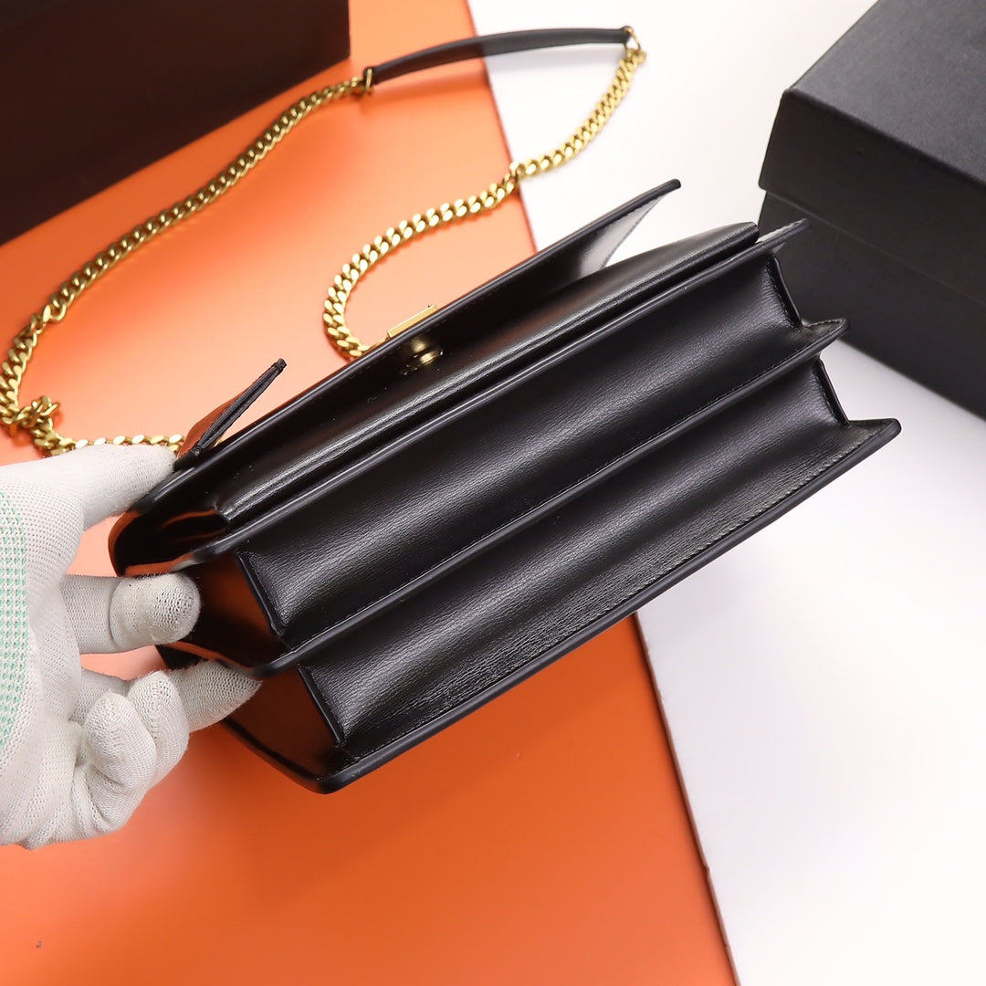 Saint Laurent Sunset Medium Chain Bag in Black Leather with Gold Hardware
