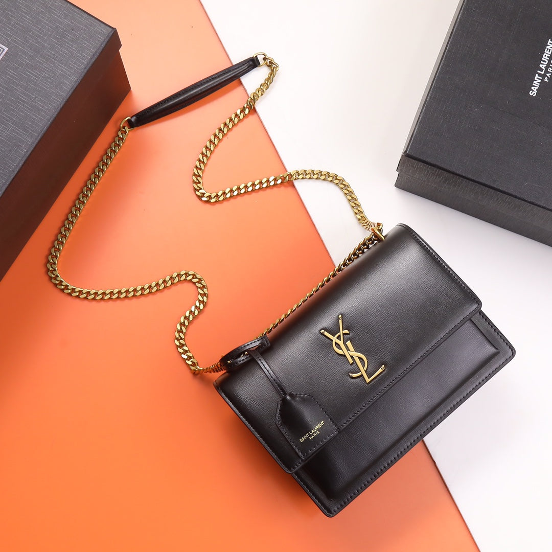 Saint Laurent Sunset Medium Chain Bag in Black Leather with Gold Hardware
