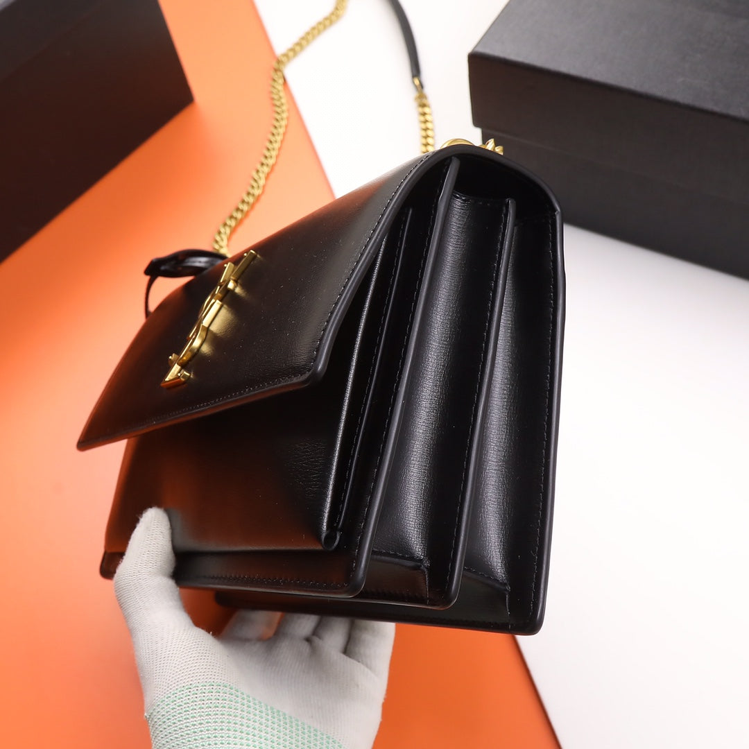 Saint Laurent Sunset Medium Chain Bag in Black Leather with Gold Hardware