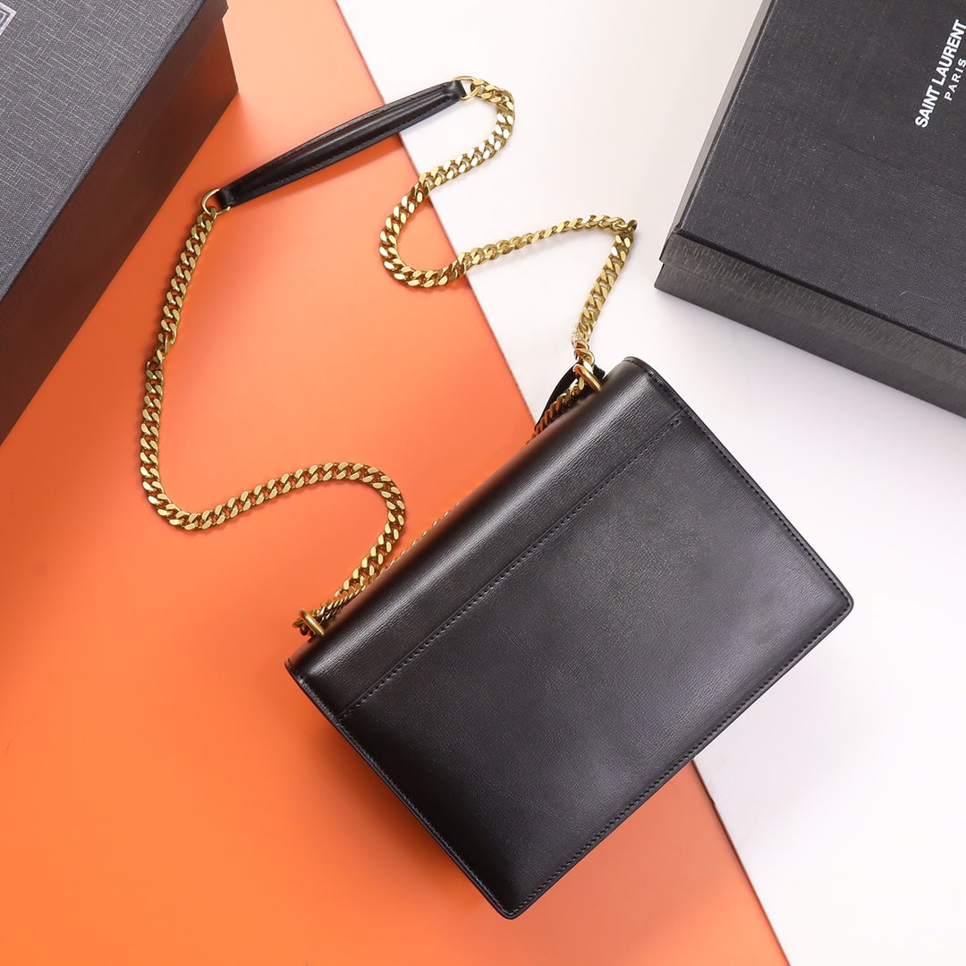 Saint Laurent Sunset Medium Chain Bag in Black Leather with Gold Hardware