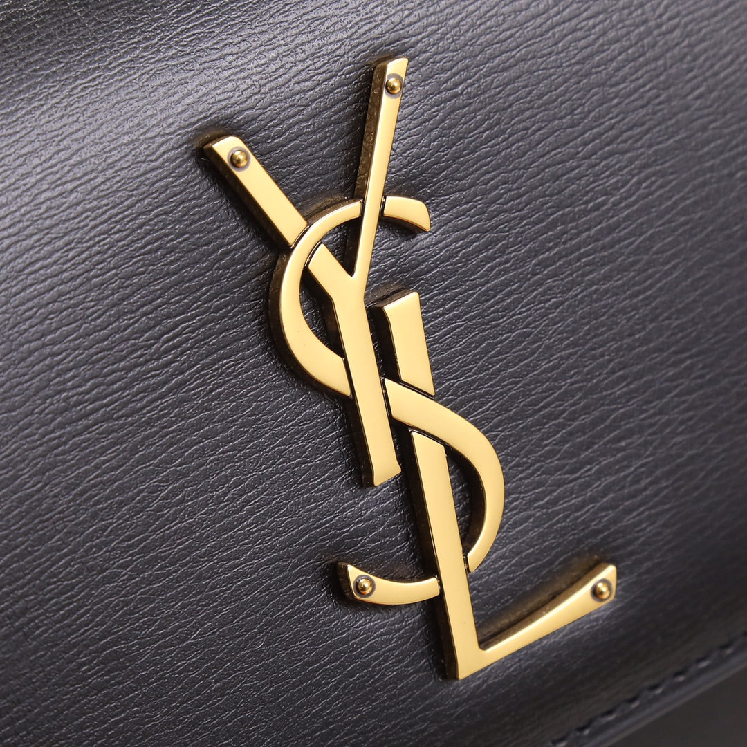 Saint Laurent Sunset Medium Chain Bag in Black Leather with Gold Hardware