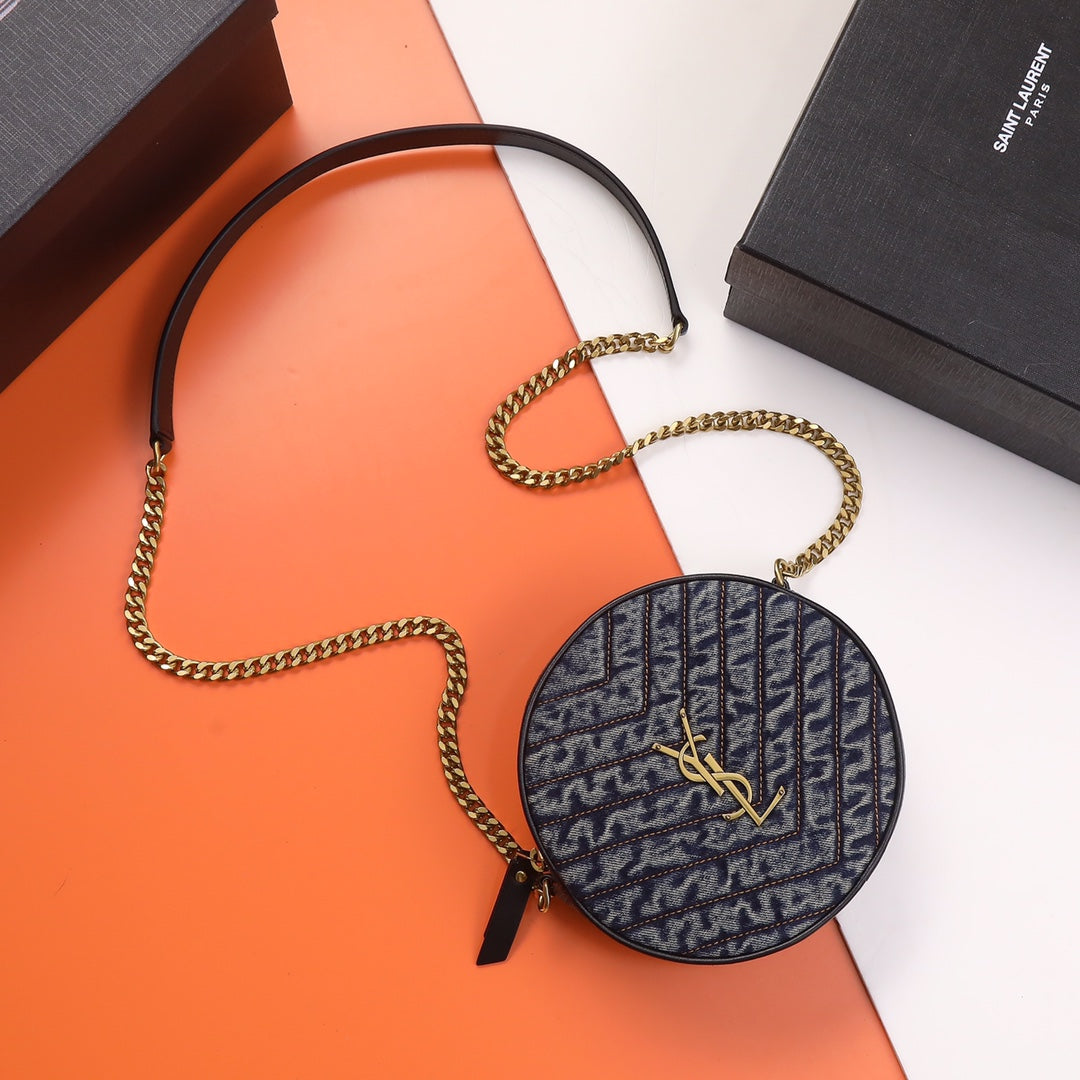 Saint Laurent Round Monogram Crossbody Bag with Gold-Tone Hardware