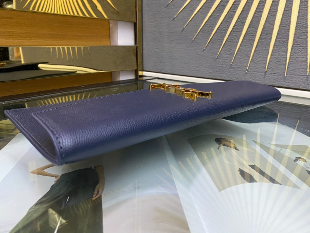 Saint Laurent Uptown Pouch in Navy Blue Grain de Poudre Leather with Gold Hardware