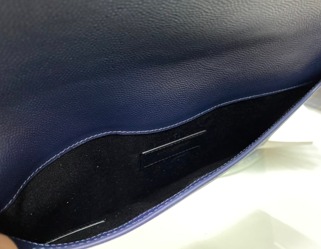 Saint Laurent Uptown Pouch in Navy Blue Grain de Poudre Leather with Gold Hardware
