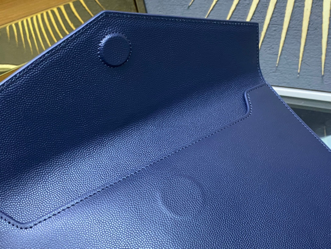 Saint Laurent Uptown Pouch in Navy Blue Grain de Poudre Leather with Gold Hardware