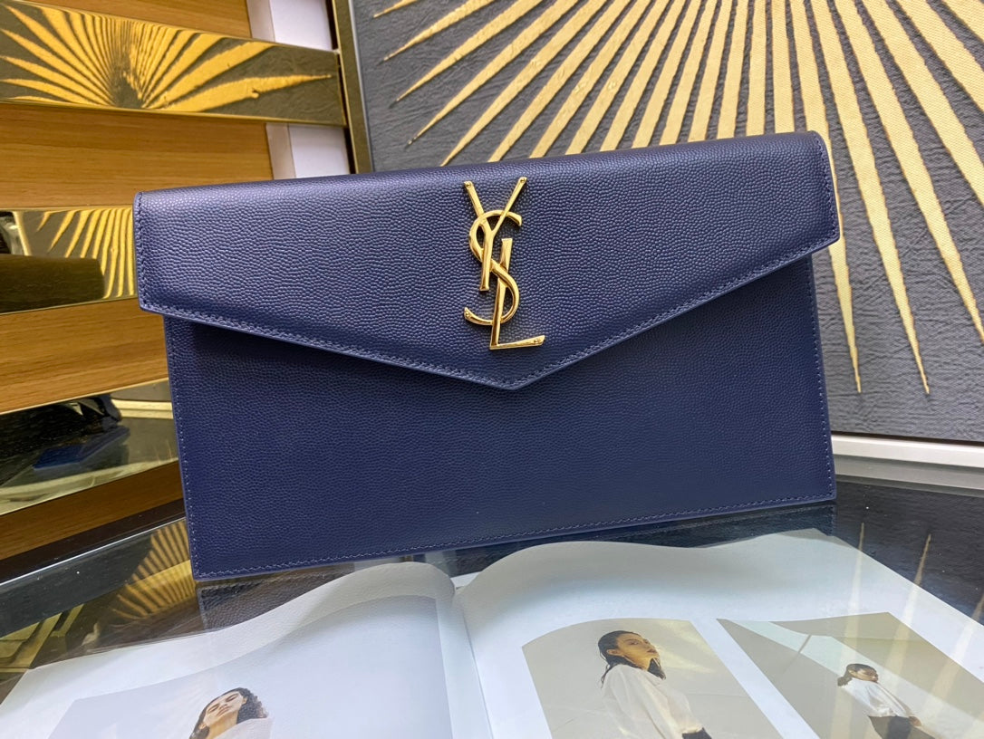 Saint Laurent Uptown Pouch in Navy Blue Grain de Poudre Leather with Gold Hardware