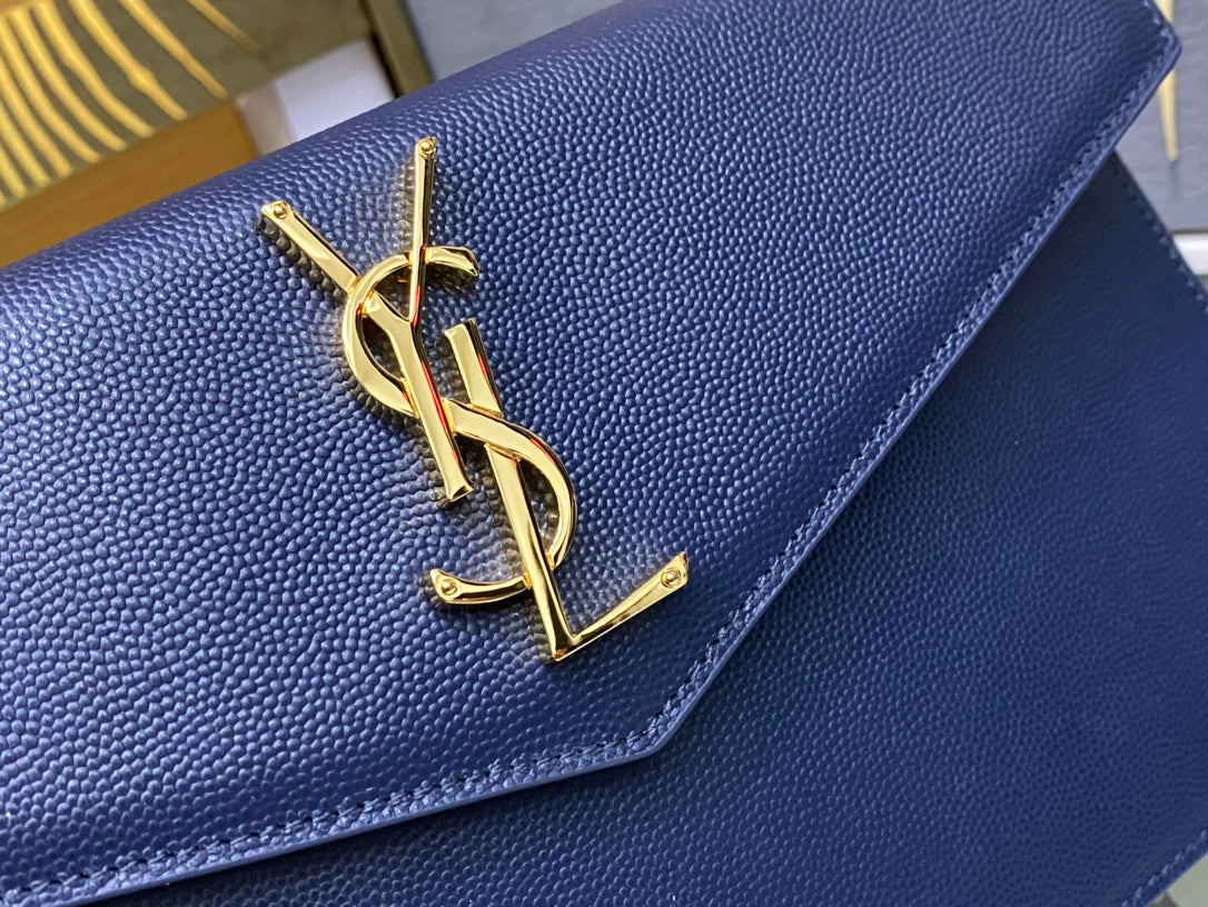 Saint Laurent Uptown Pouch in Navy Blue Grain de Poudre Leather with Gold Hardware