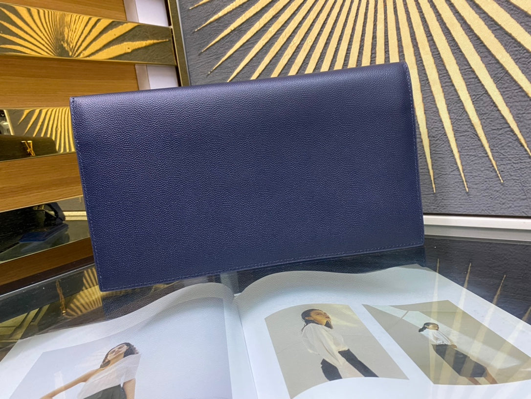 Saint Laurent Uptown Pouch in Navy Blue Grain de Poudre Leather with Gold Hardware