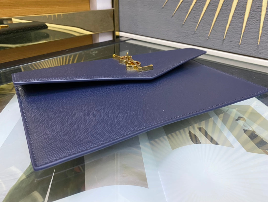 Saint Laurent Uptown Pouch in Navy Blue Grain de Poudre Leather with Gold Hardware