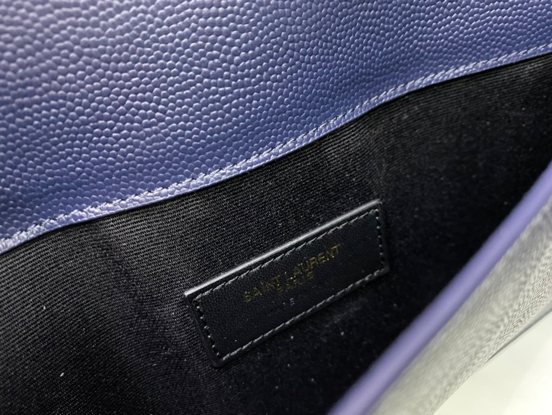 Saint Laurent Uptown Pouch in Navy Blue Grain de Poudre Leather with Gold Hardware