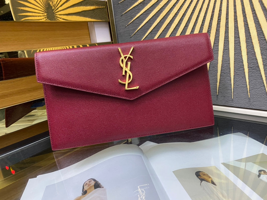 Saint Laurent Uptown Pouch in Grain de Poudre Embossed Leather - Burgundy