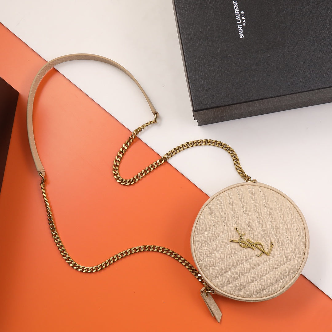 Yves Saint Laurent Vinyle Round Camera Bag in Matelassé Grain de Poudre Leather - Beige