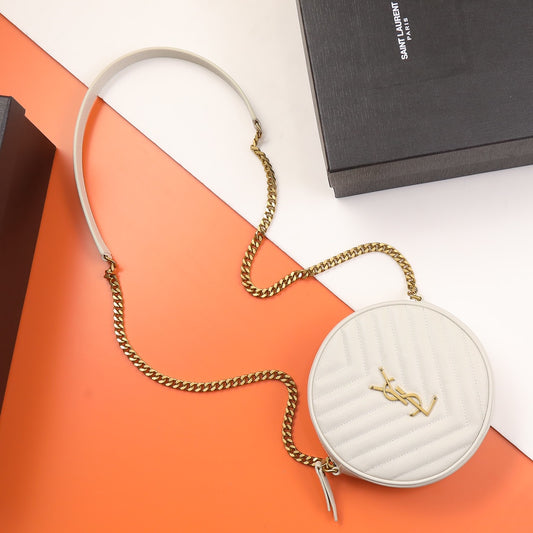 Saint Laurent Vinyle Round Quilted Leather Camera Bag - White/Gold