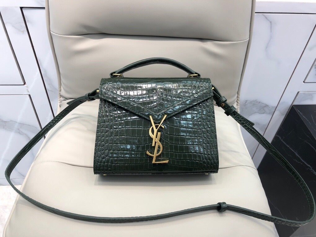 Saint Laurent Cassandra Medium Top Handle Bag in Crocodile-Embossed Leather - Dark Green