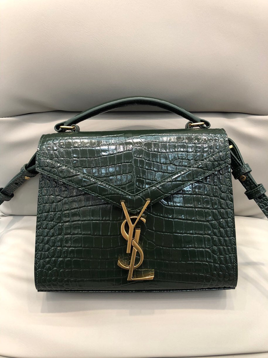 Saint Laurent Cassandra Medium Top Handle Bag in Crocodile-Embossed Leather - Dark Green
