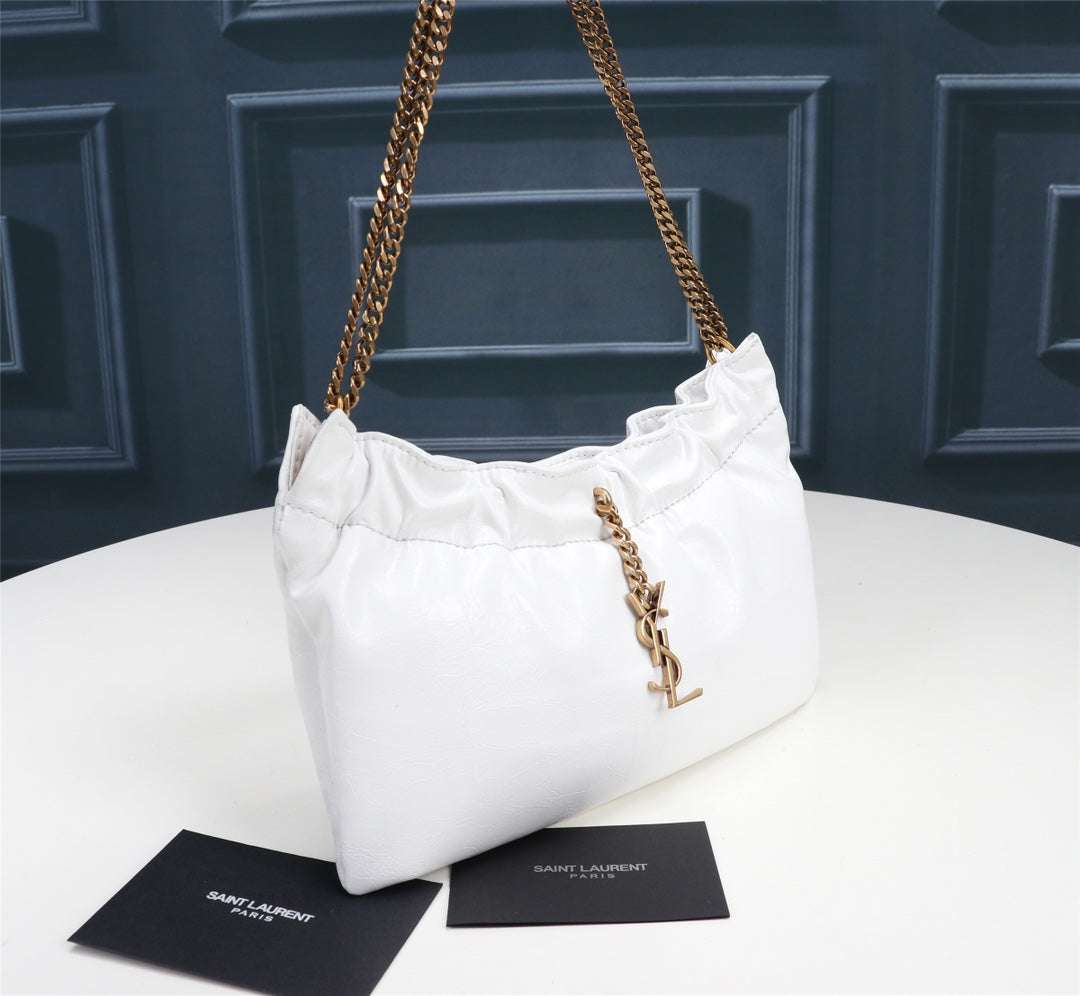 Saint Laurent YSL Small White Leather Chain Shoulder Bag with Gold Hardware