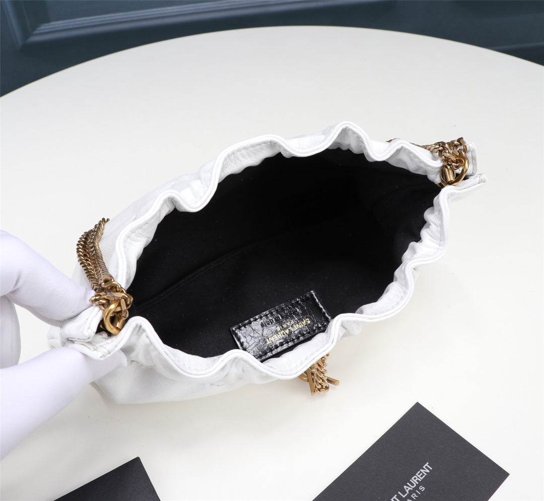 Saint Laurent YSL Small White Leather Chain Shoulder Bag with Gold Hardware
