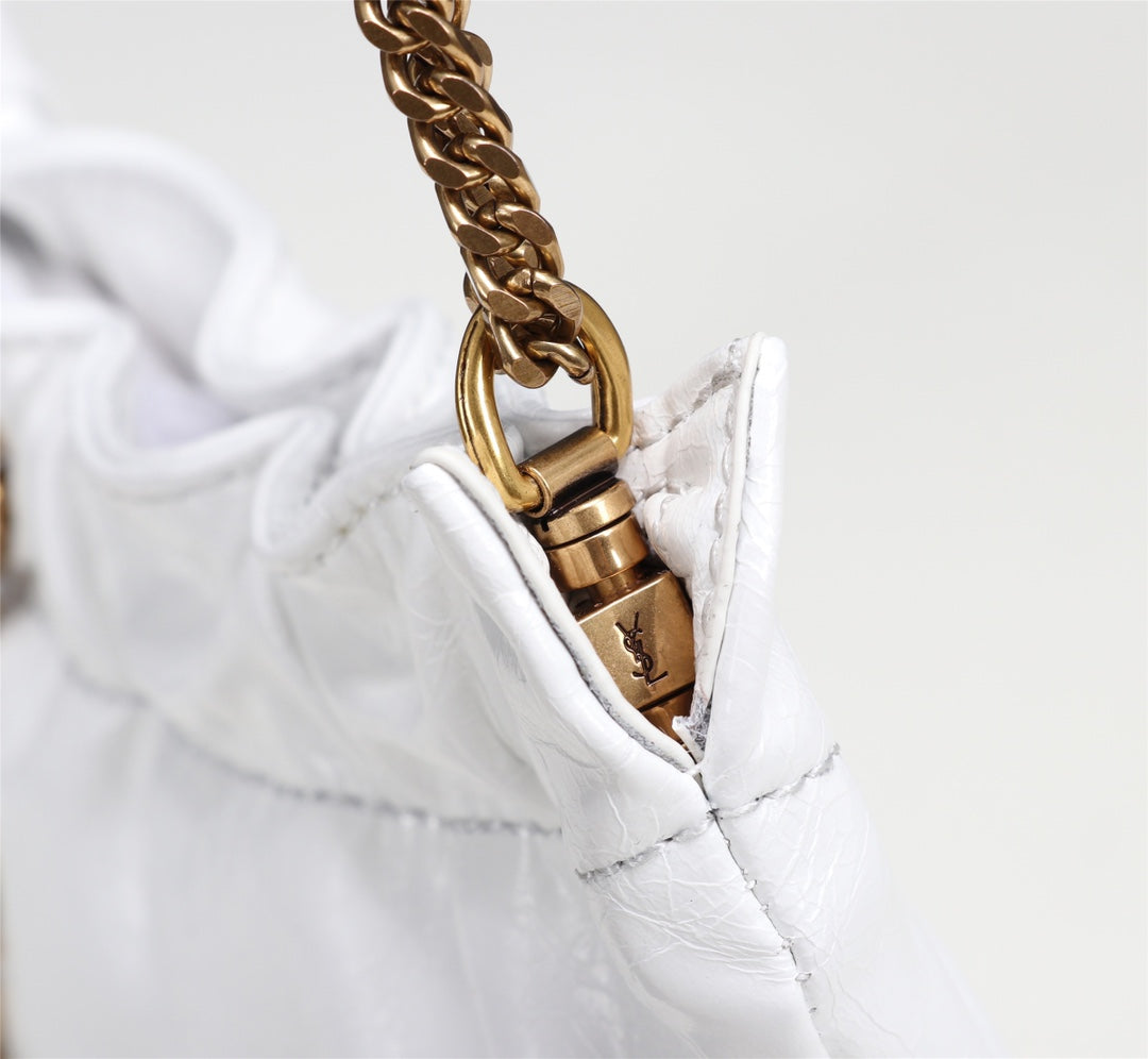 Saint Laurent YSL Small White Leather Chain Shoulder Bag with Gold Hardware