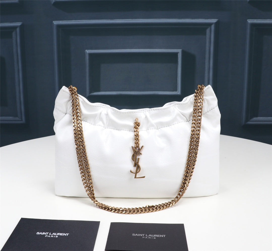 Saint Laurent YSL Small White Leather Chain Shoulder Bag with Gold Hardware