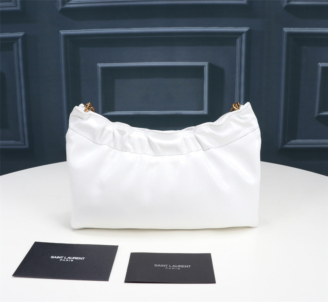 Saint Laurent YSL Small White Leather Chain Shoulder Bag with Gold Hardware