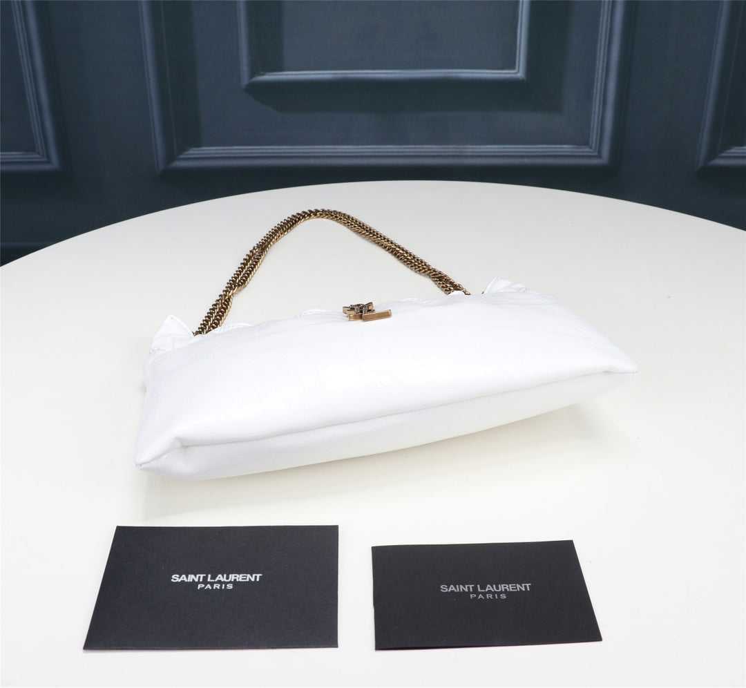 Saint Laurent YSL Small White Leather Chain Shoulder Bag with Gold Hardware