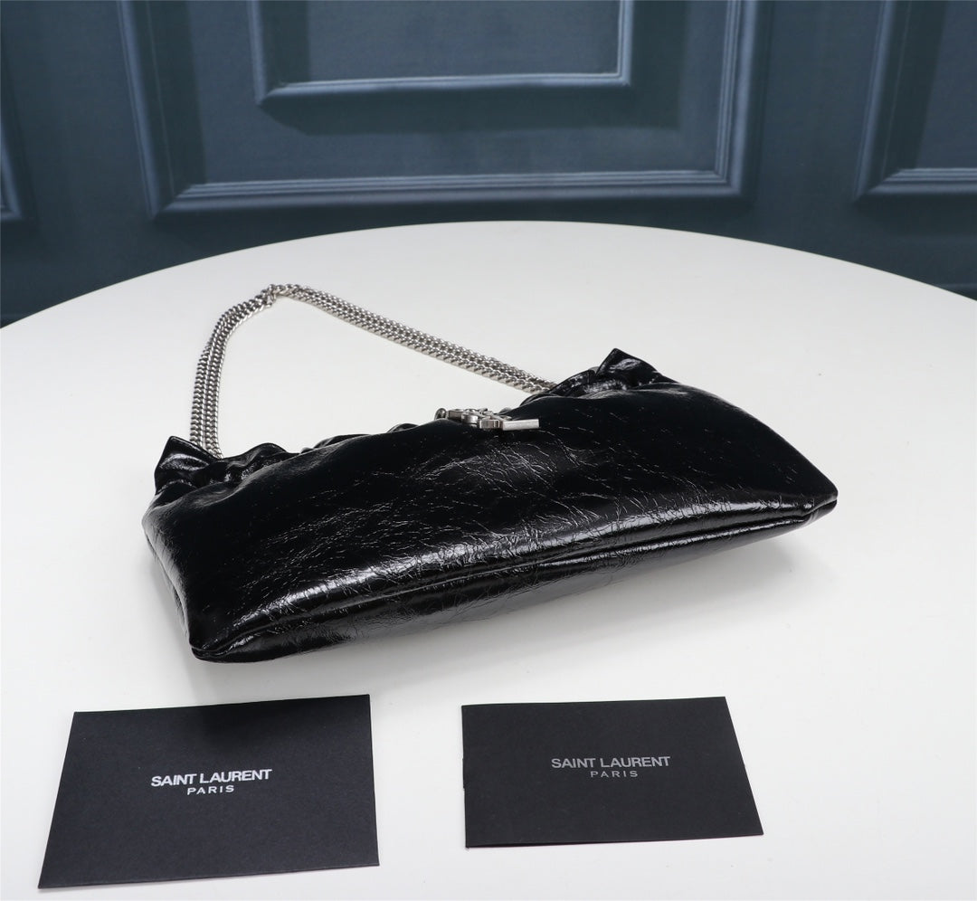 Saint Laurent June Hobo Bag in Quilted Black Lambskin with Silver-Tone Chain