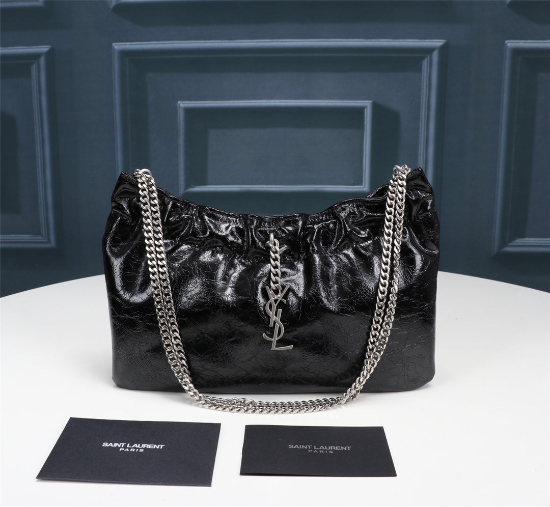 Saint Laurent June Hobo Bag in Quilted Black Lambskin with Silver-Tone Chain