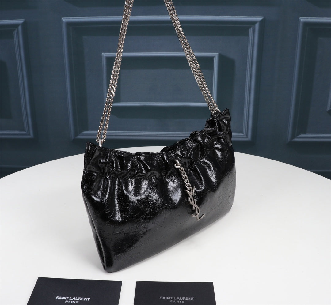 Saint Laurent June Hobo Bag in Quilted Black Lambskin with Silver-Tone Chain