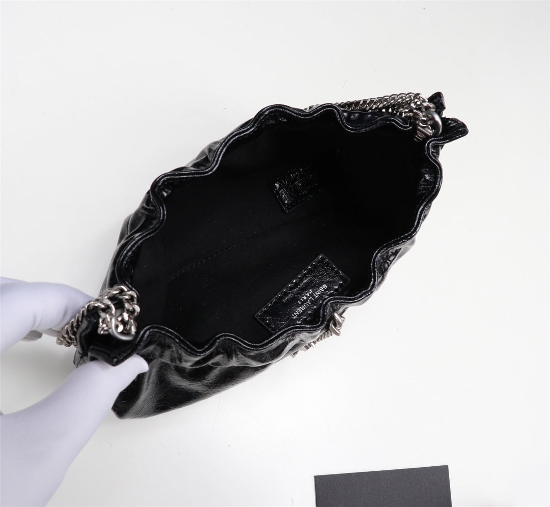 Saint Laurent June Hobo Bag in Quilted Black Lambskin with Silver-Tone Chain