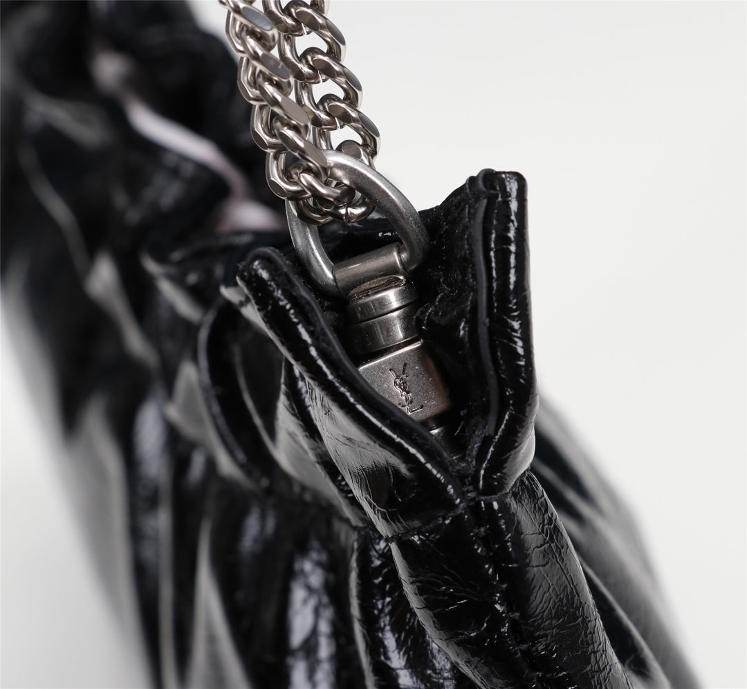 Saint Laurent June Hobo Bag in Quilted Black Lambskin with Silver-Tone Chain