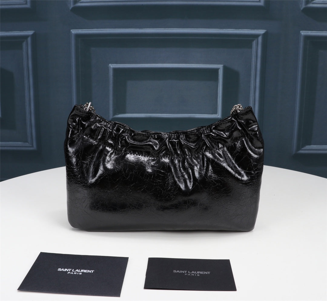 Saint Laurent June Hobo Bag in Quilted Black Lambskin with Silver-Tone Chain