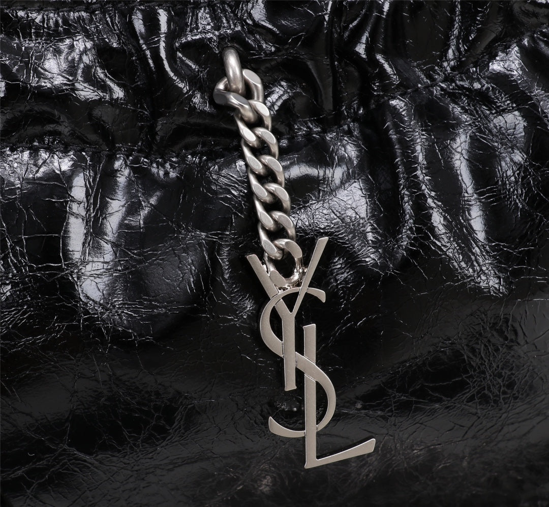 Saint Laurent June Hobo Bag in Quilted Black Lambskin with Silver-Tone Chain